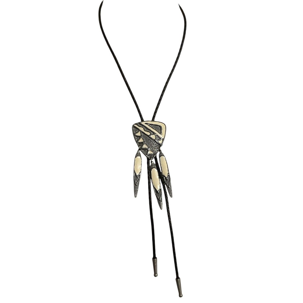 Vintage Southwestern Cream Enamel Feather Dangle Bolo Tie Black Braided Cord